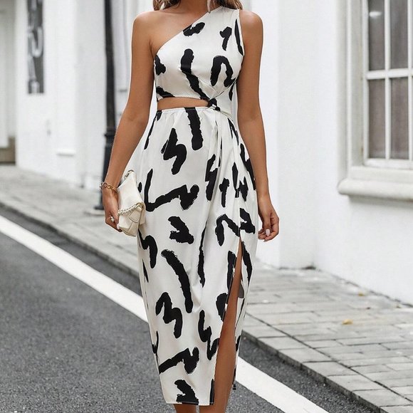 . Dresses & Skirts - White Preppy Womens Allover Print Shoulder Cut Out Waist Asymmetrical Hem Dress
